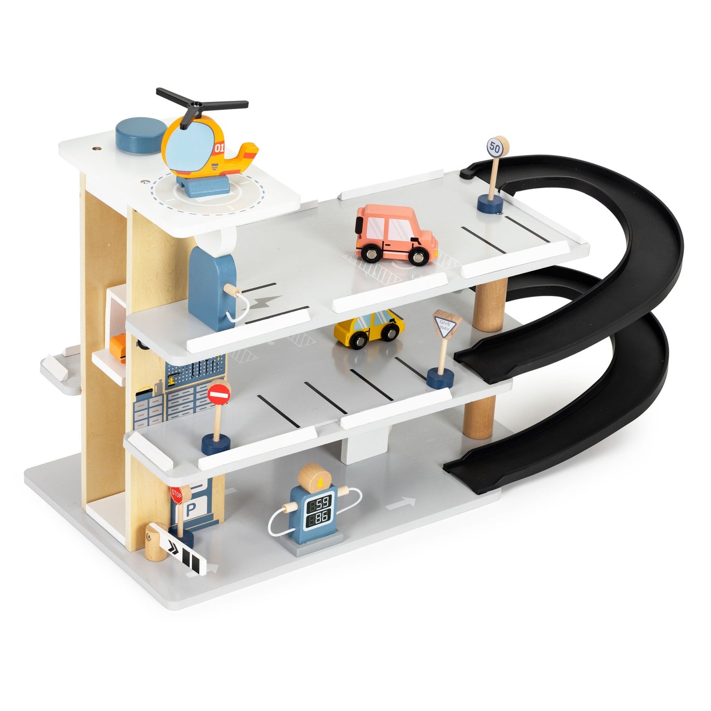 Large wooden garage, parking lot with elevator, cars, helicopter, ECOTOYS car wash