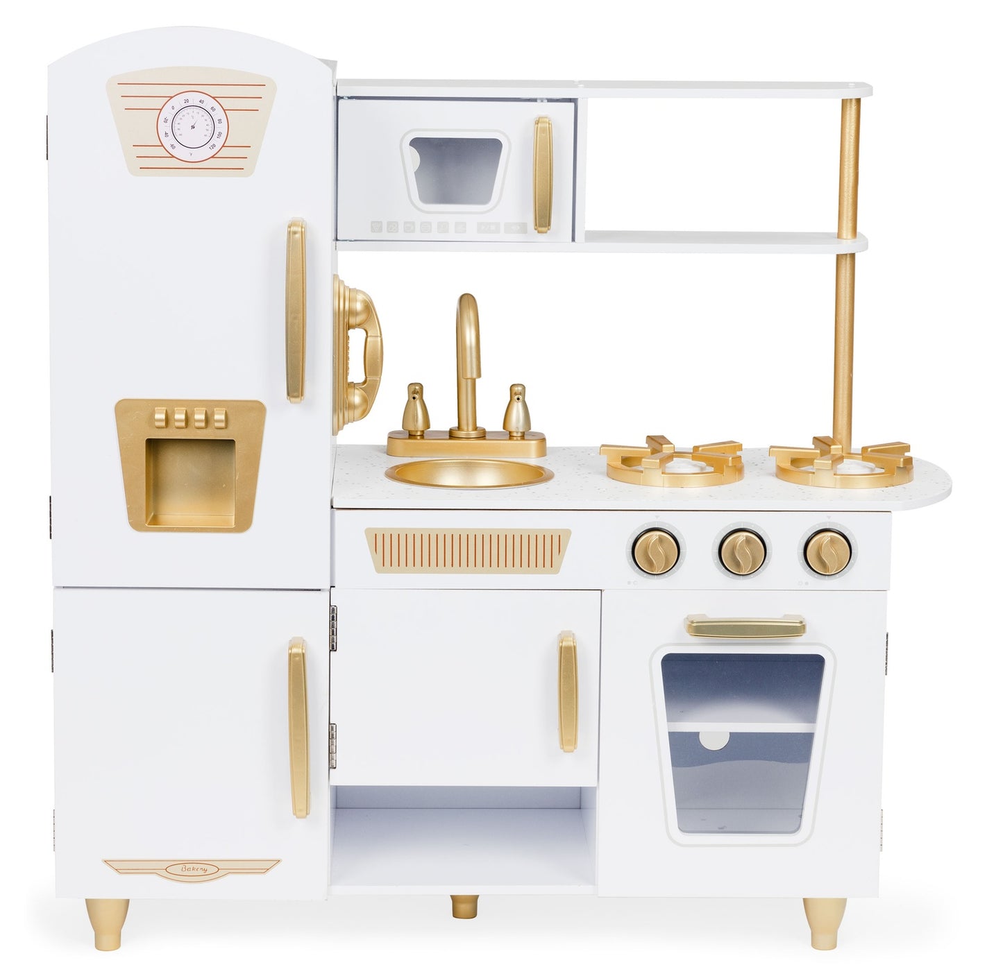 Large wooden play kitchen for kids, white and gold, ECOTOYS
