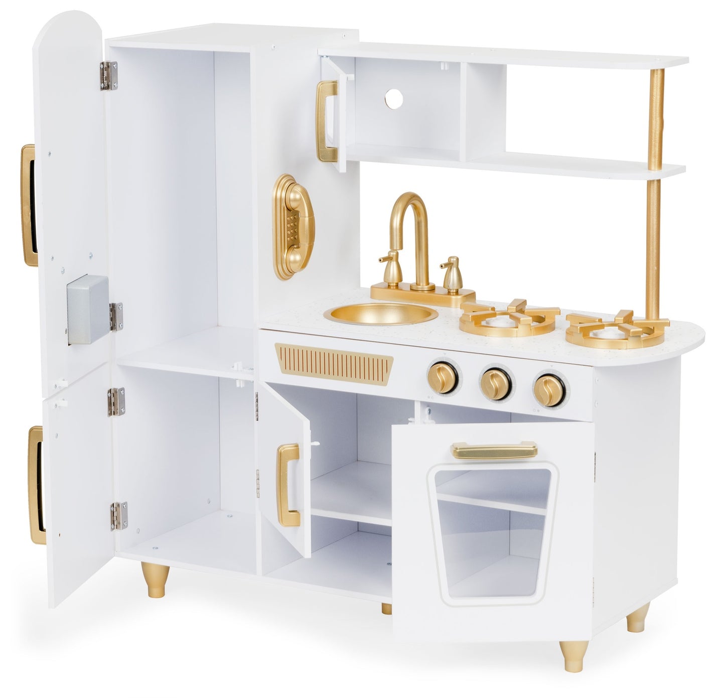 Large wooden play kitchen for kids, white and gold, ECOTOYS