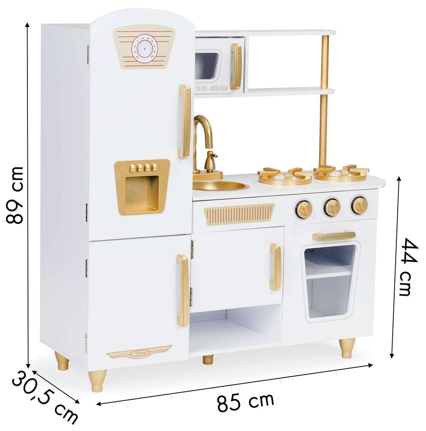 Large wooden play kitchen for kids, white and gold, ECOTOYS