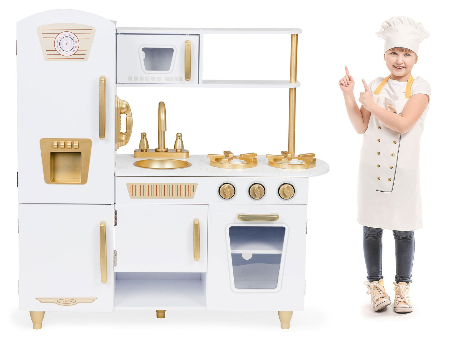 Large wooden play kitchen for kids, white and gold, ECOTOYS
