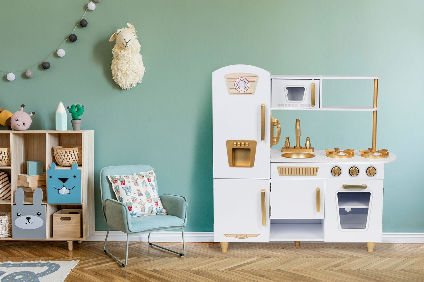 Large wooden play kitchen for kids, white and gold, ECOTOYS