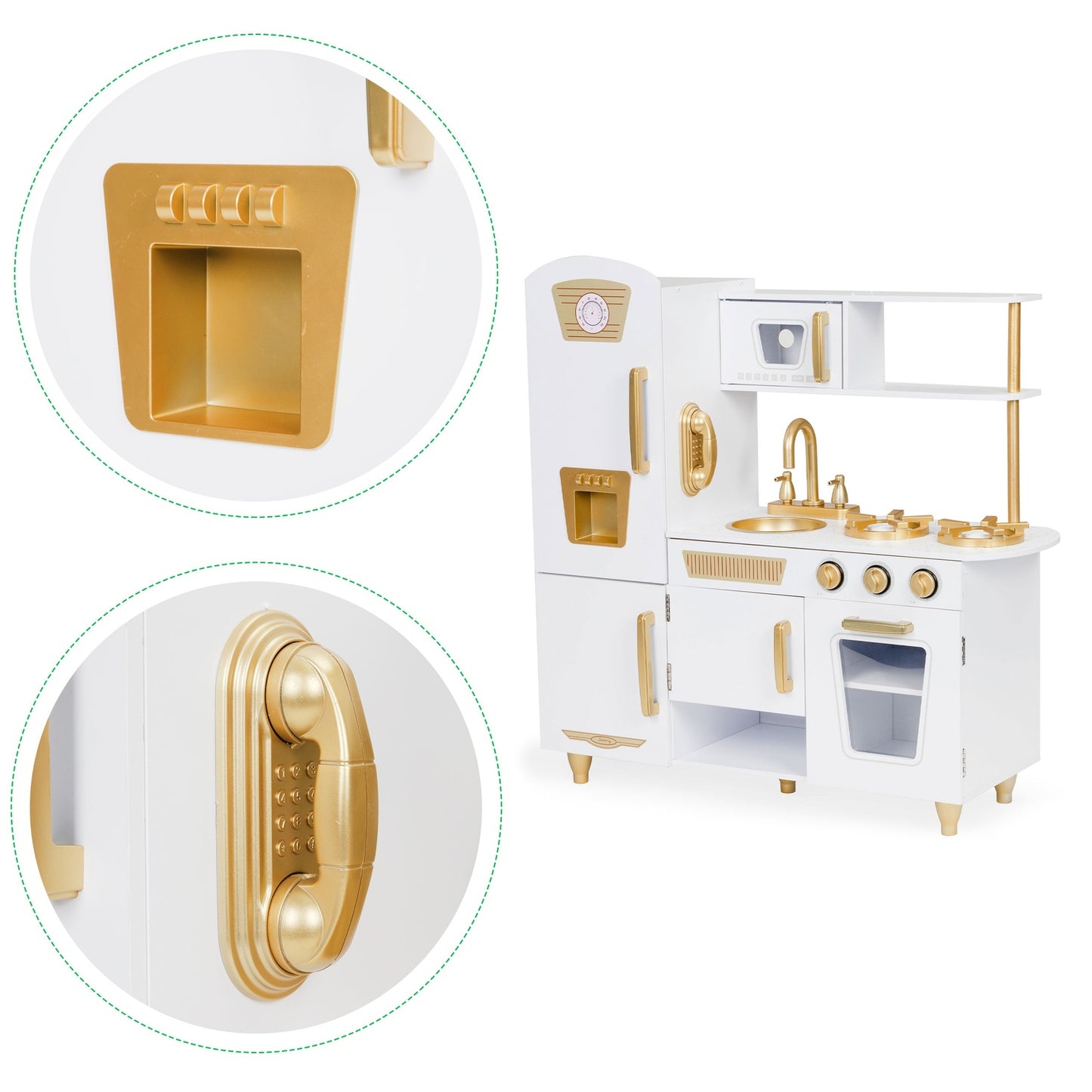 Large wooden play kitchen for kids, white and gold, ECOTOYS