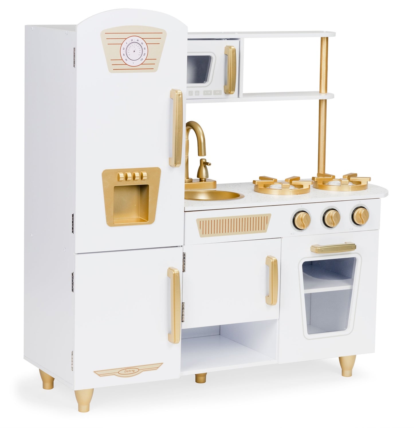 Large wooden play kitchen for kids, white and gold, ECOTOYS