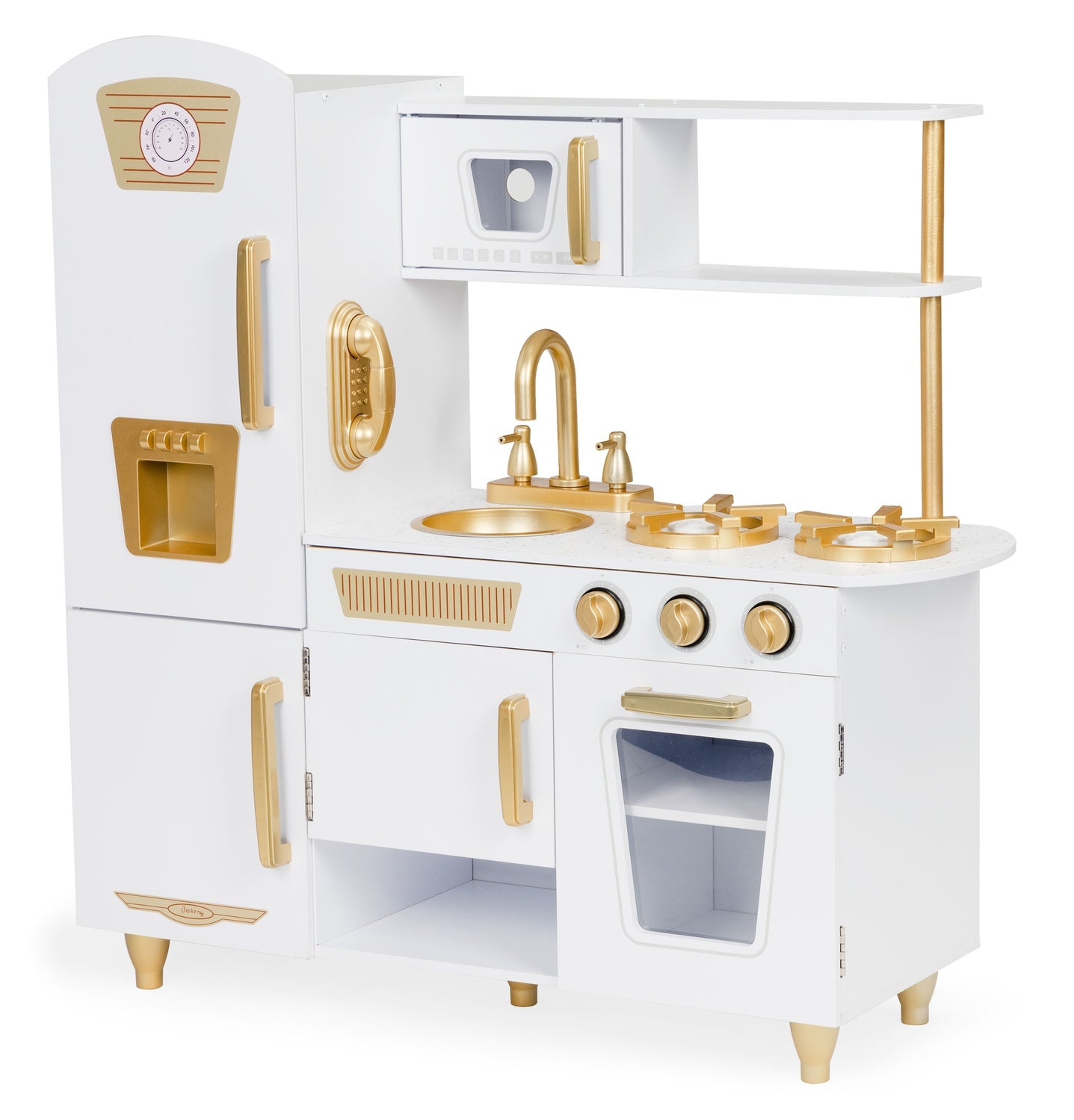 Large wooden play kitchen for kids, white and gold, ECOTOYS