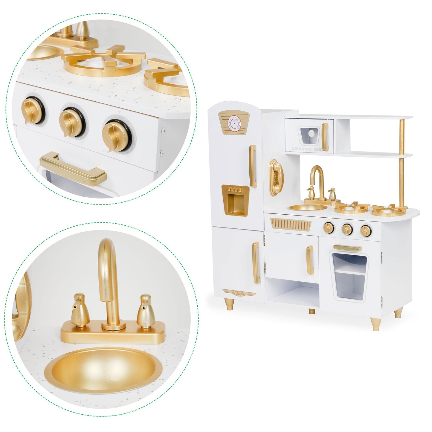 Large wooden play kitchen for kids, white and gold, ECOTOYS