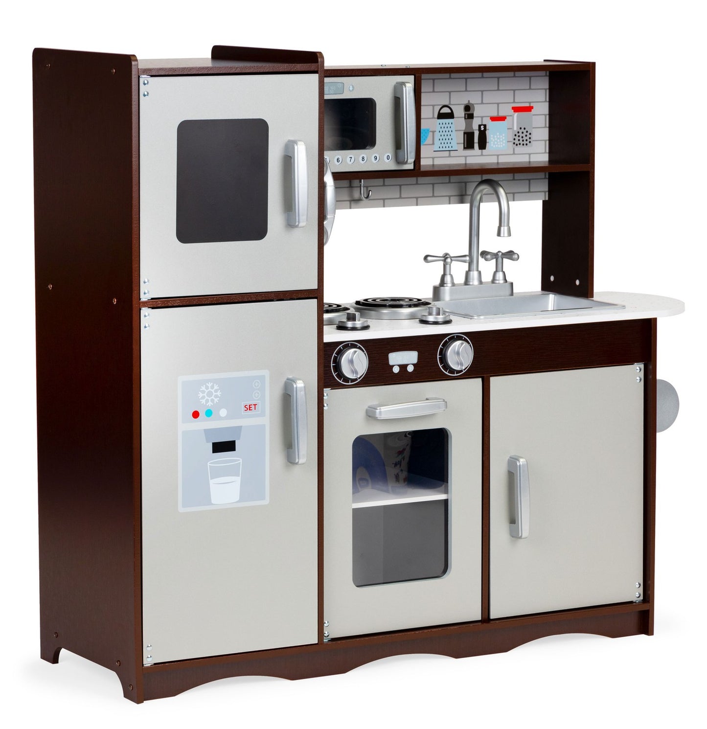 Large wooden play kitchen for kids with cabinets and fridge, ECOTOYS
