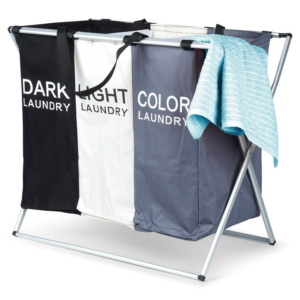 Laundry basket with three compartments for easy sorting