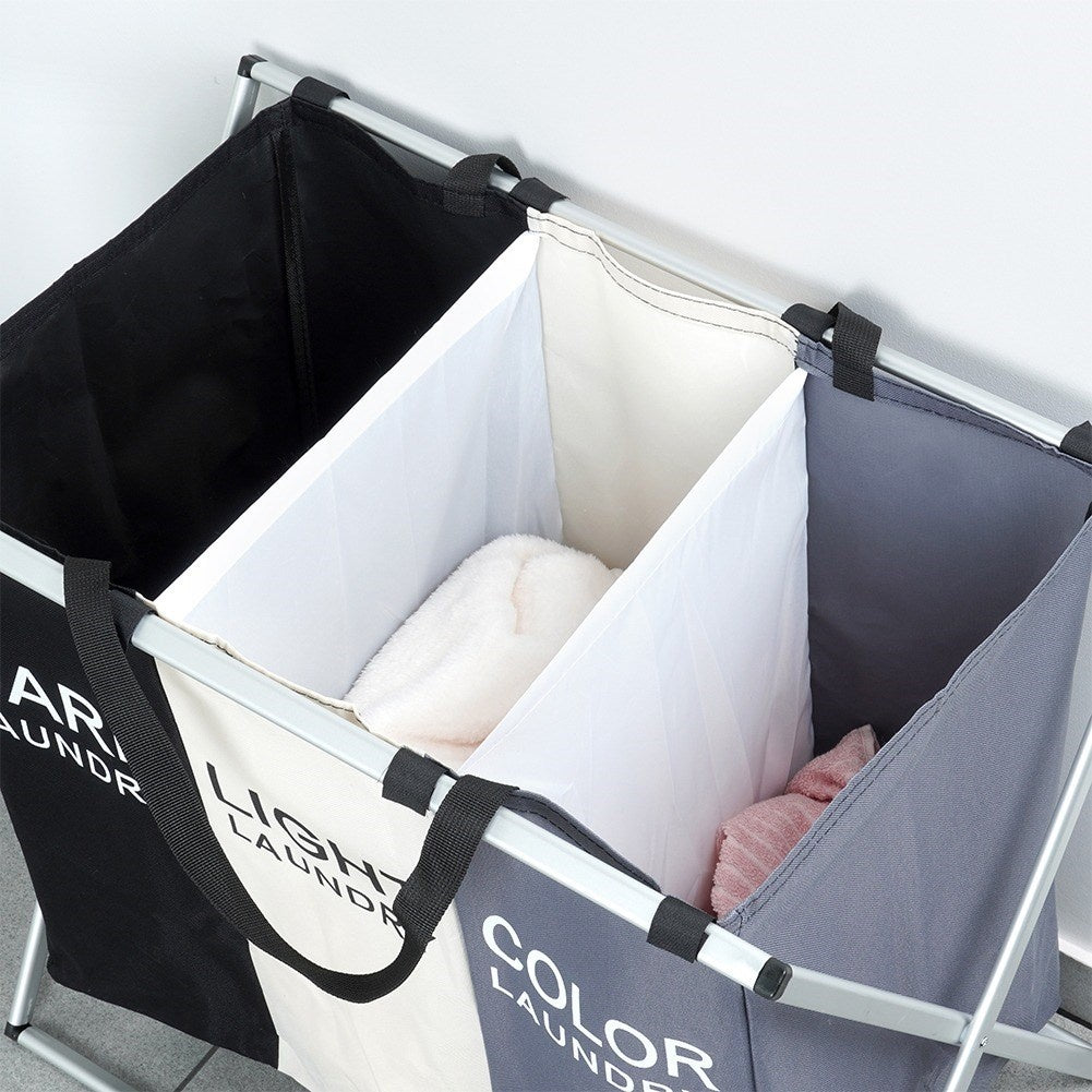 Laundry basket with three compartments for easy sorting