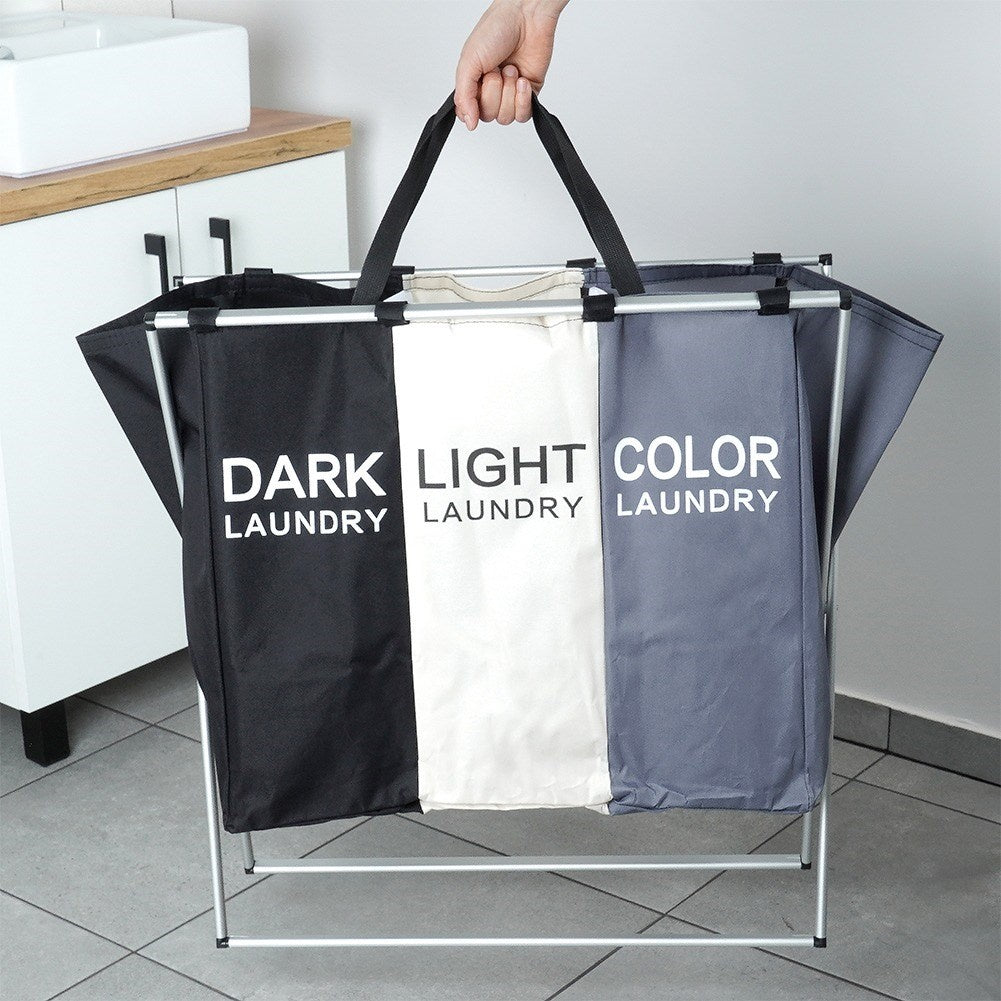 Laundry basket with three compartments for easy sorting