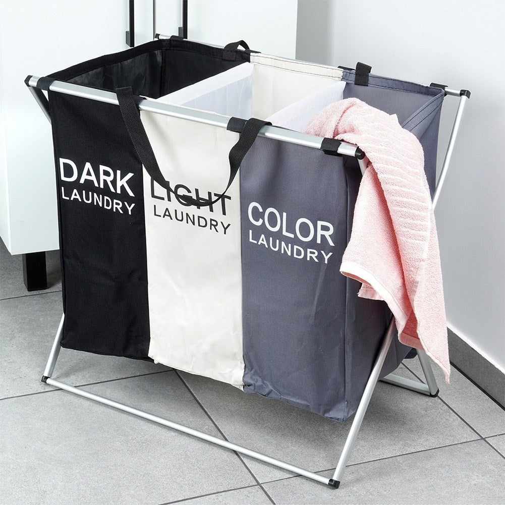 Laundry basket with three compartments for easy sorting