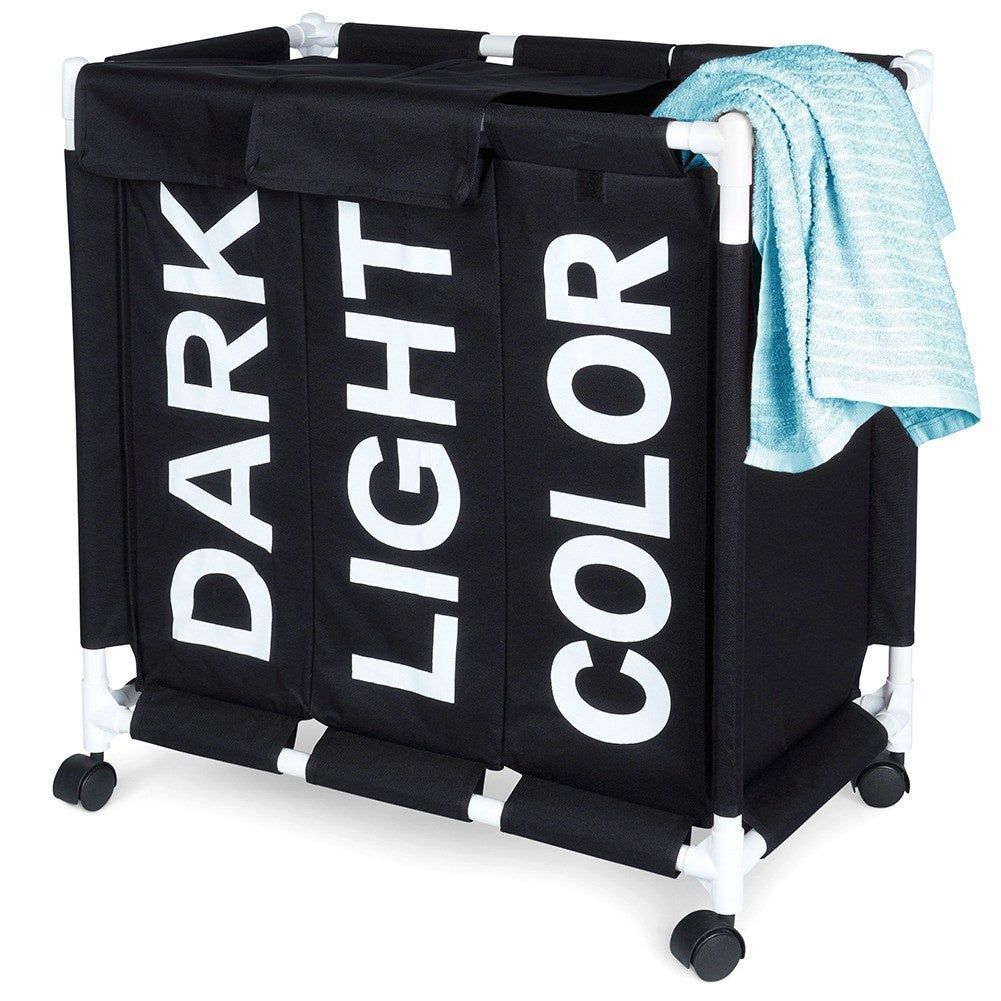 Laundry basket with wheels and three compartments for easy sorting