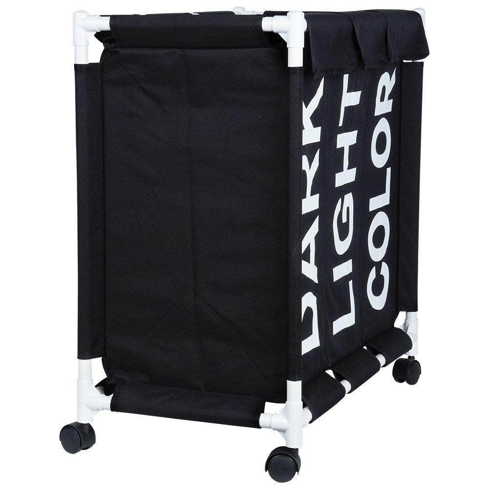 Laundry basket with wheels and three compartments for easy sorting