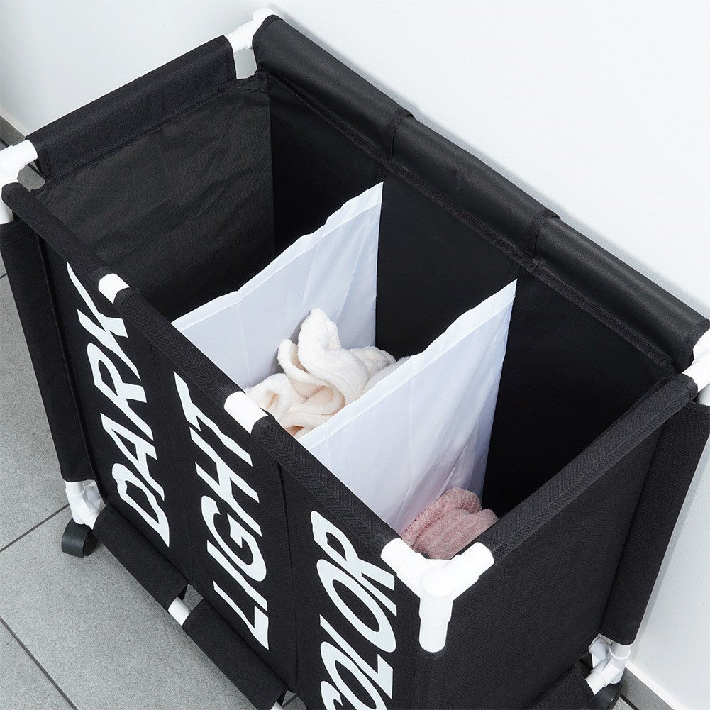 Laundry basket with wheels and three compartments for easy sorting