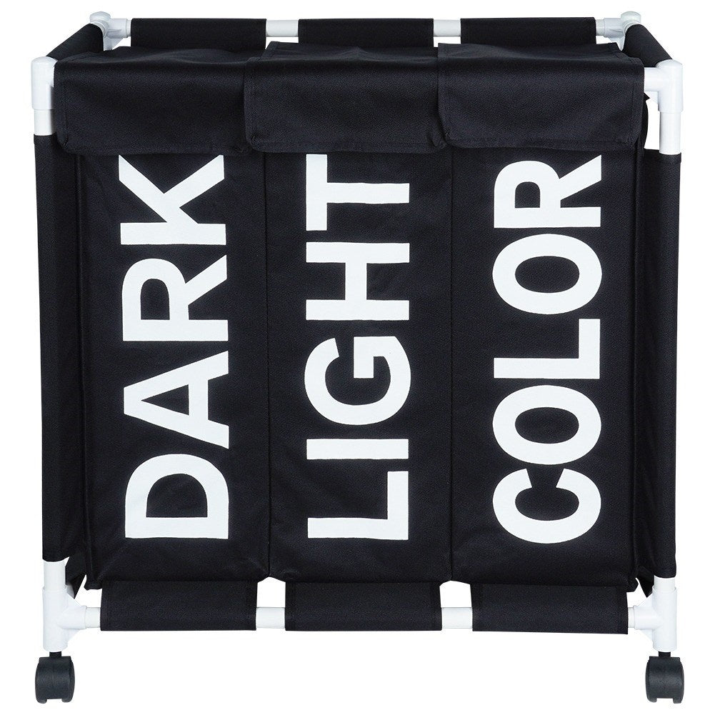 Laundry basket with wheels and three compartments for easy sorting