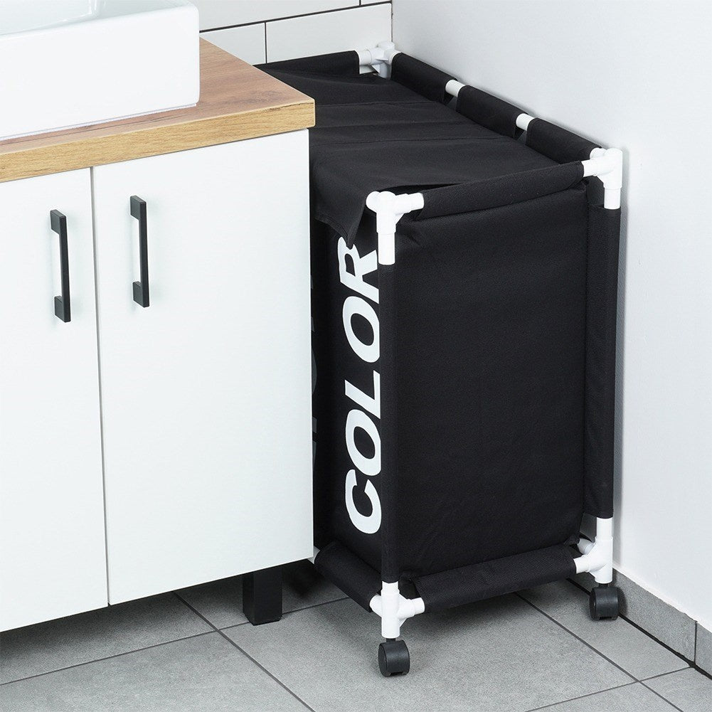 Laundry basket with wheels and three compartments for easy sorting