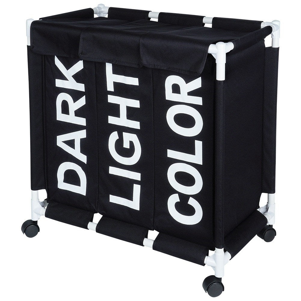Laundry basket with wheels and three compartments for easy sorting