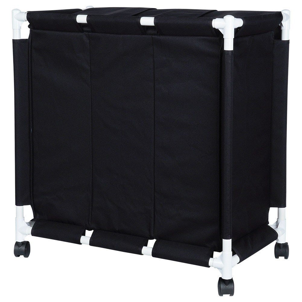 Laundry basket with wheels and three compartments for easy sorting