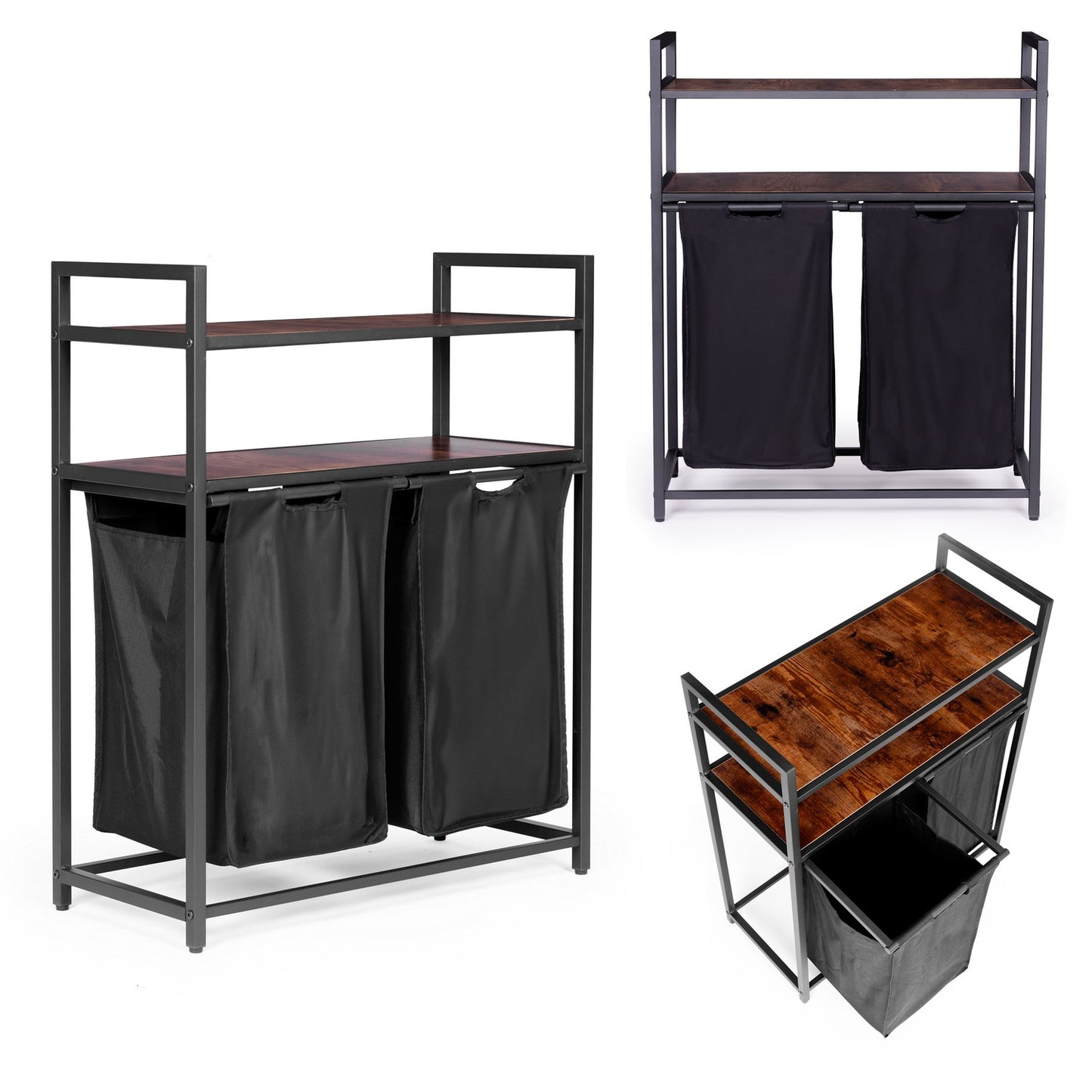 Laundry sorting basket, 2 baskets, 2 shelves, steel loft structure