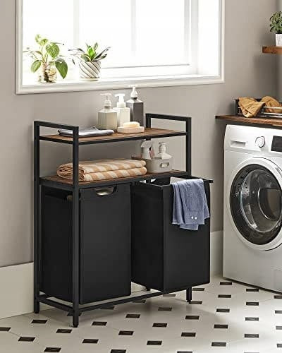 Laundry sorting basket, 2 baskets, 2 shelves, steel loft structure