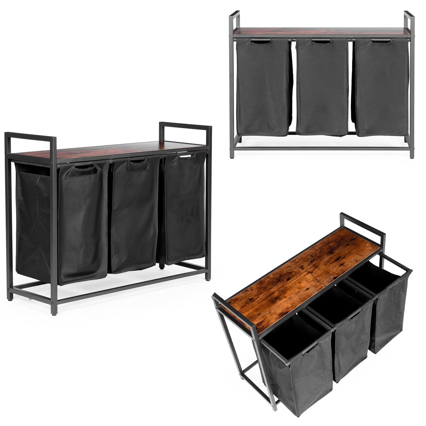 Laundry sorting basket, 3 baskets, steel shelf, loft structure