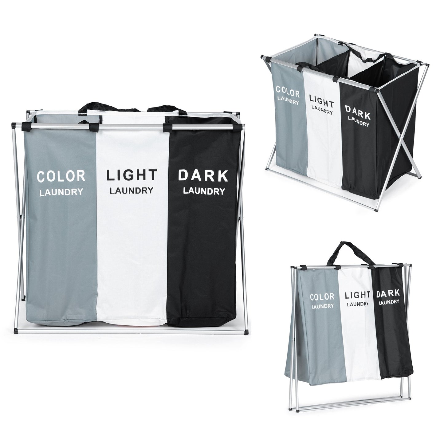Laundry sorting basket, 3 fabric baskets, aluminum construction