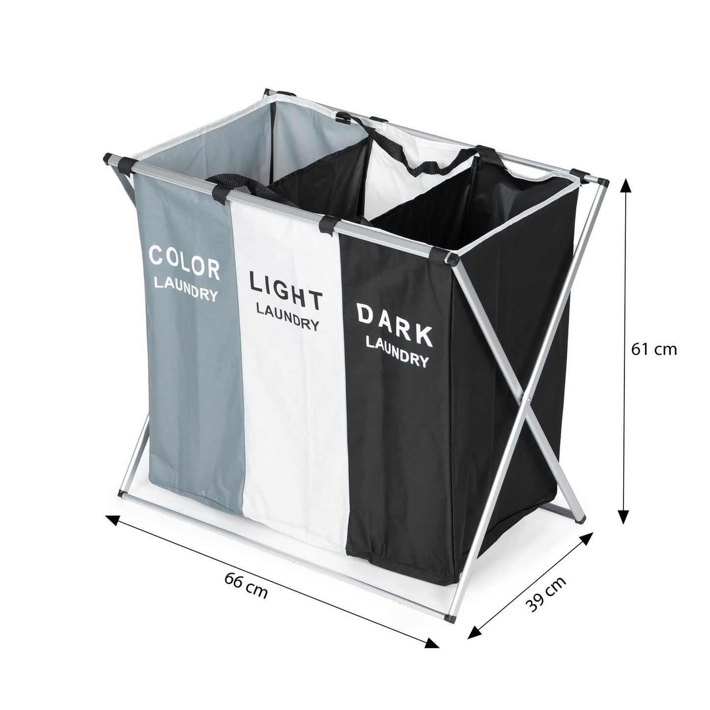 Laundry sorting basket, 3 fabric baskets, aluminum construction