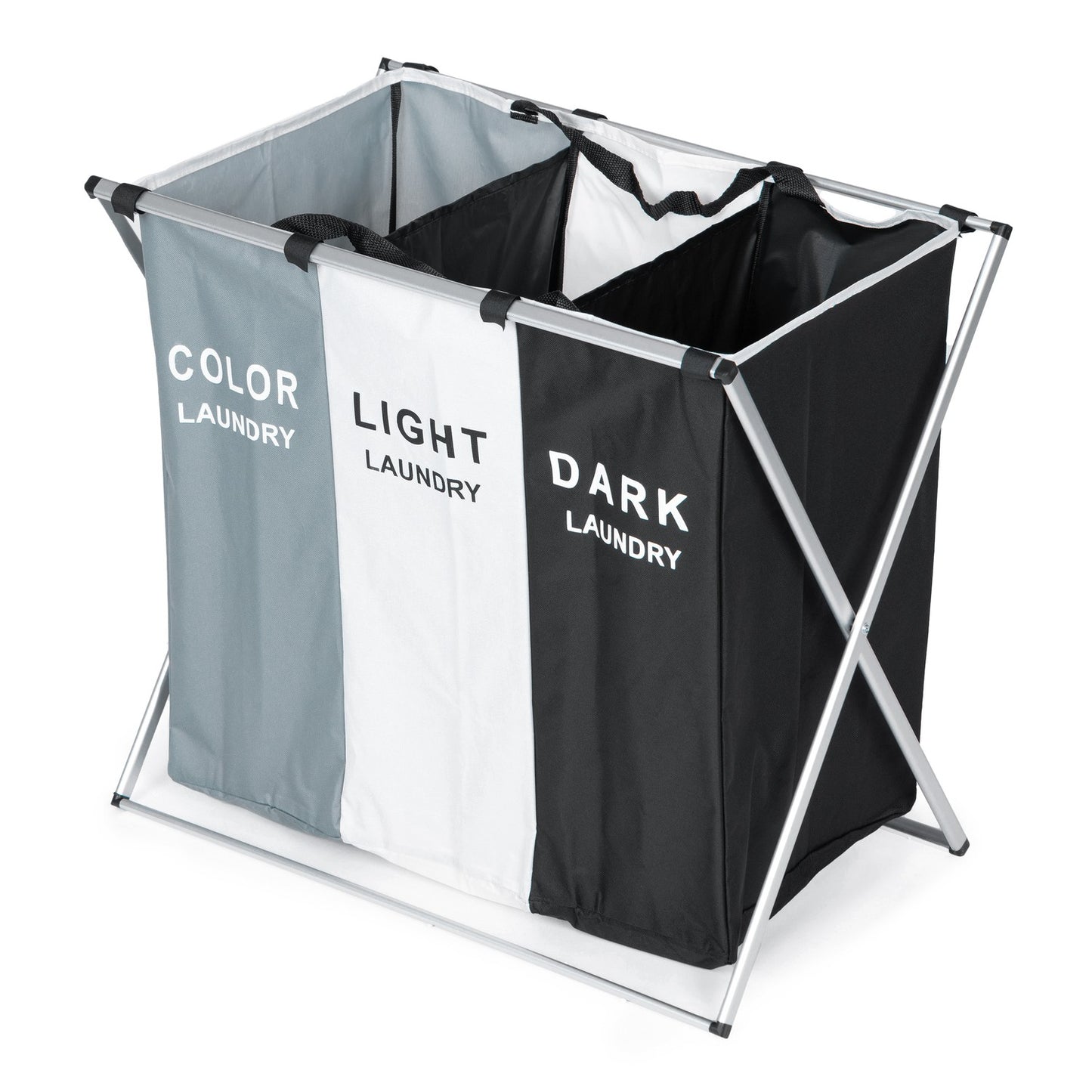 Laundry sorting basket, 3 fabric baskets, aluminum construction