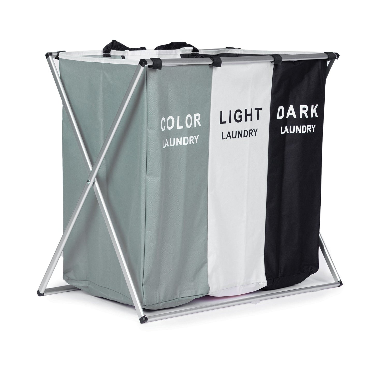 Laundry sorting basket, 3 fabric baskets, aluminum construction