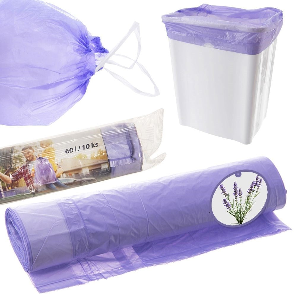 Lavender-scented 60L garbage bags with drawstring, 10-pack
