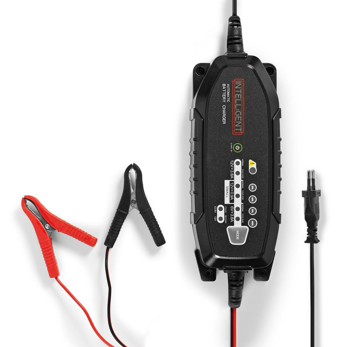 Lead Acid Battery Charger | 6 / 12 / 12.8 V DC | 3.8 A| Maintenance charge | Euro / Type C (CEE 7/16) | Battery Clamps | Battery type energy: AGM / Lead-acid / Gel / SLA / VRLA | Black