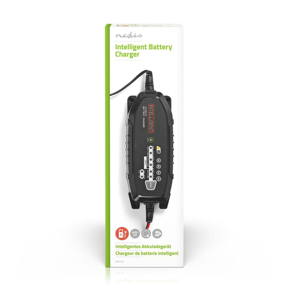 Lead Acid Battery Charger | 6 / 12 / 12.8 V DC | 3.8 A| Maintenance charge | Euro / Type C (CEE 7/16) | Battery Clamps | Battery type energy: AGM / Lead-acid / Gel / SLA / VRLA | Black
