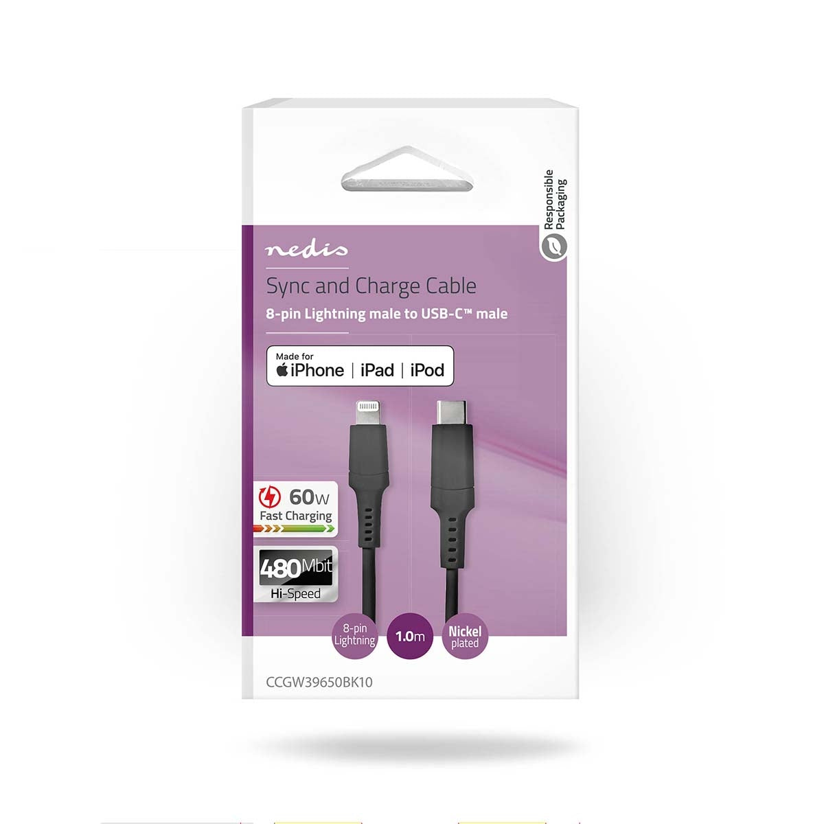 Lightning Cable | USB 2.0 | Apple Lightning, 8-pin | USB-C™ Male | 480 Mbps | Nickel Plated | 1.00 m | Round | PVC | Black | Box