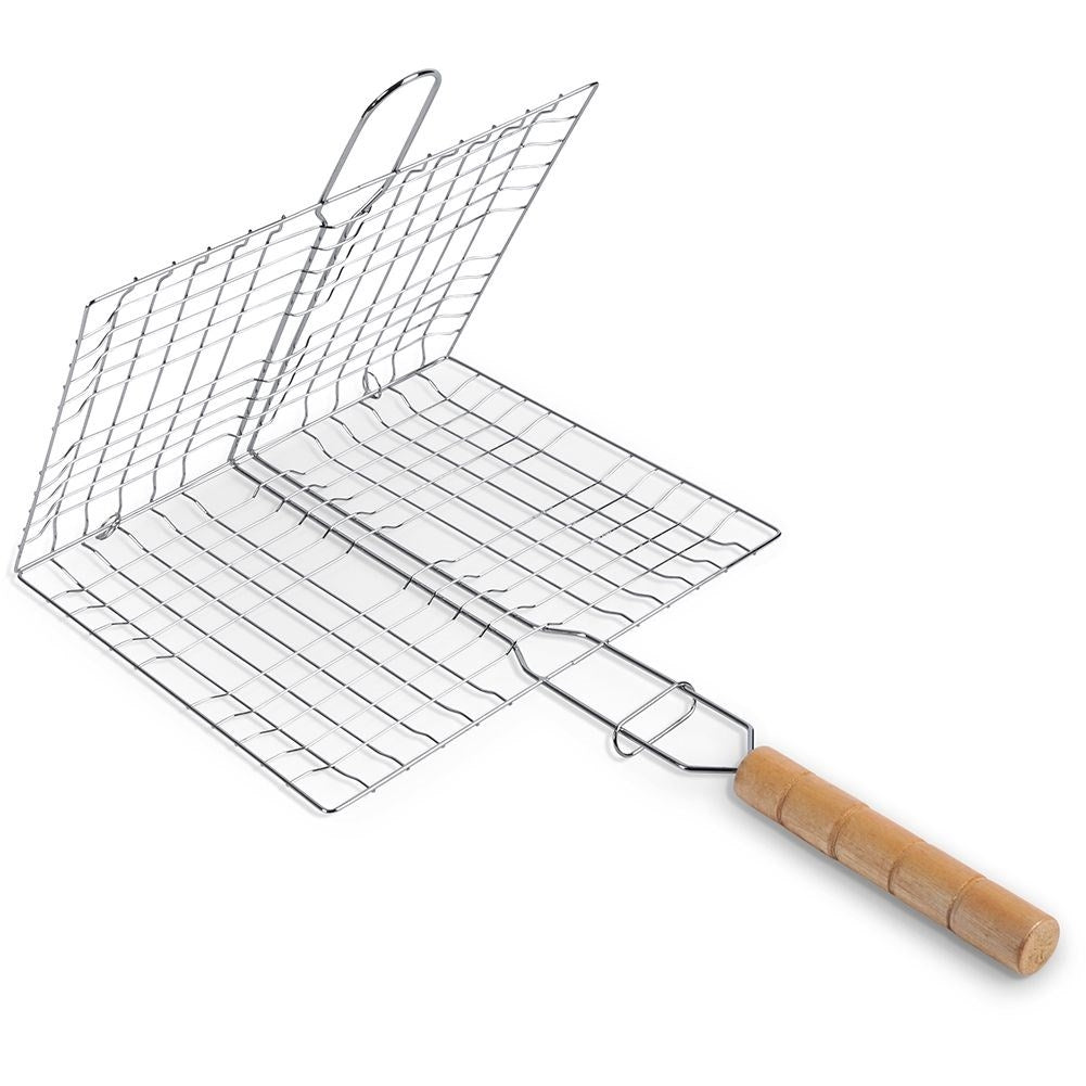 Lockable double grill with wooden handle for easy cooking
