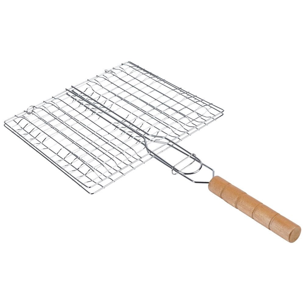 Lockable double grill with wooden handle for easy cooking