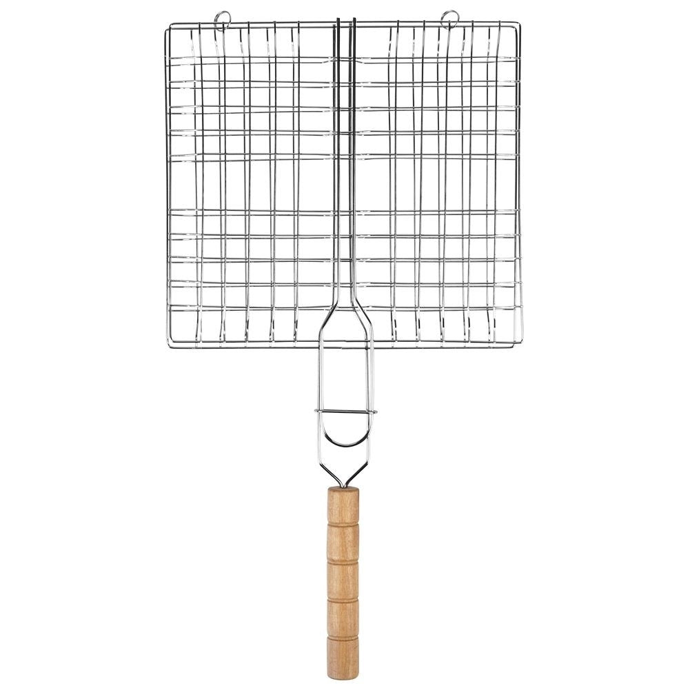 Lockable double grill with wooden handle for easy cooking