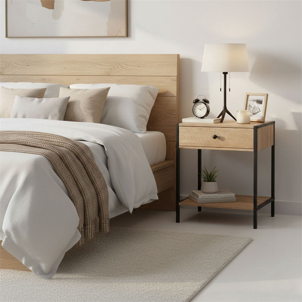 Loft Bedside Table with Drawer and Shelf – Light Oak