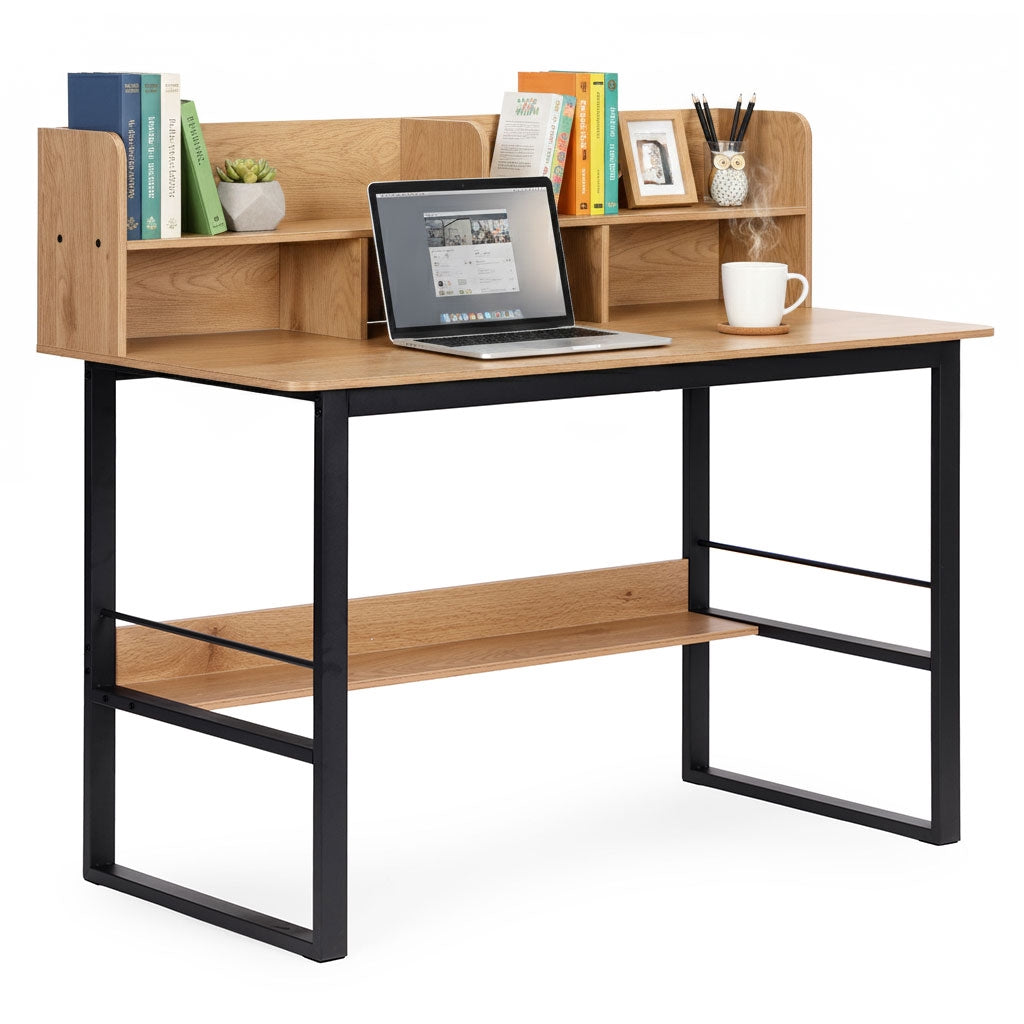 Loft Style Computer Desk with Hutch, 120x60 cm, Light Oak