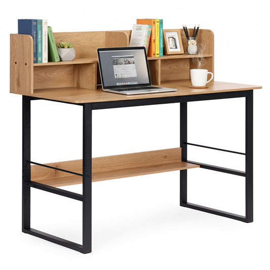 Loft Style Computer Desk with Hutch, 120x60 cm, Light Oak