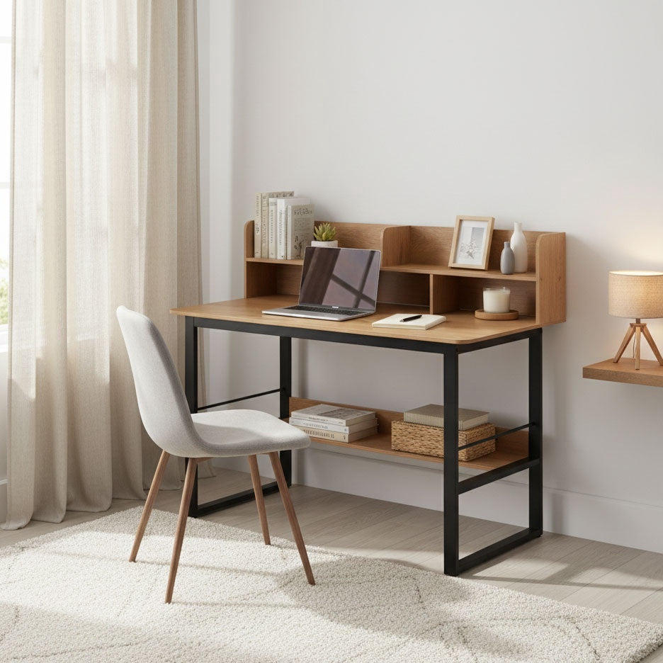 Loft Style Computer Desk with Hutch, 120x60 cm, Light Oak