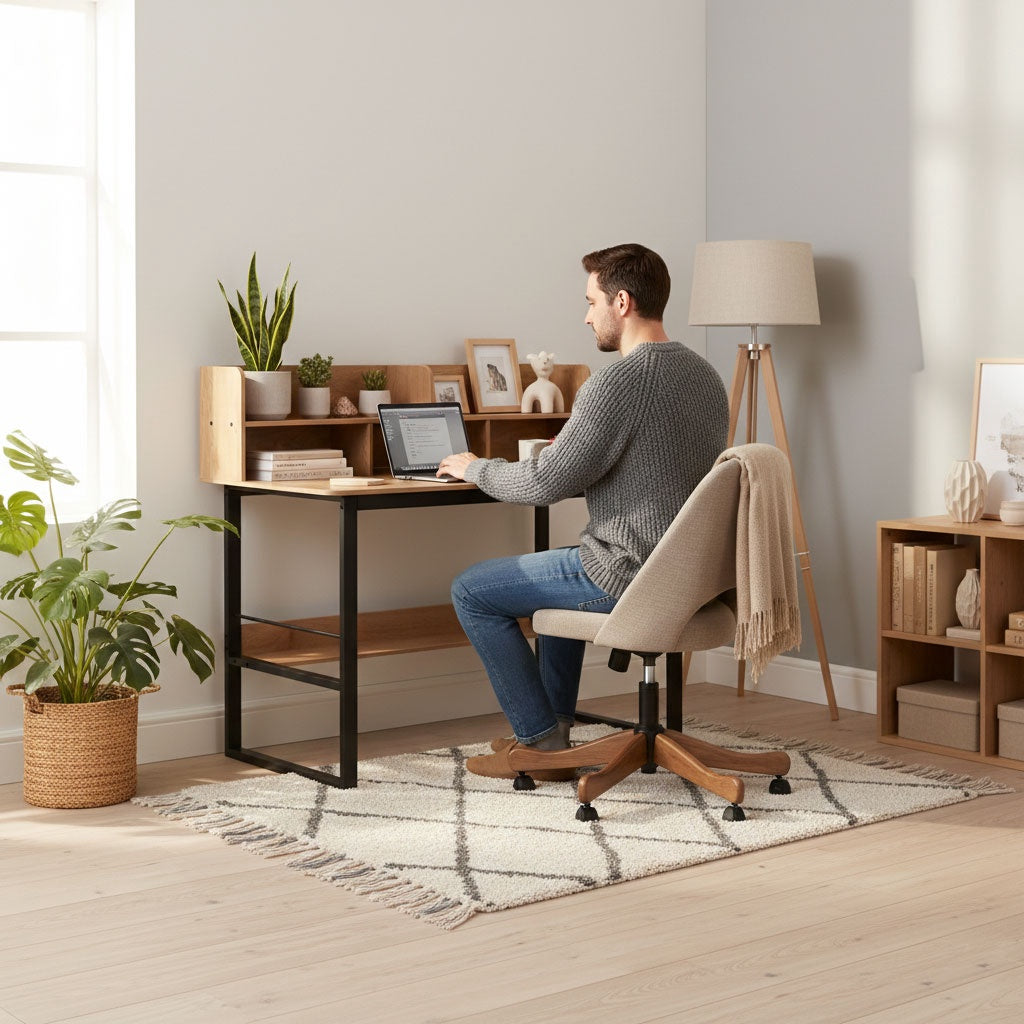 Loft Style Computer Desk with Hutch, 120x60 cm, Light Oak
