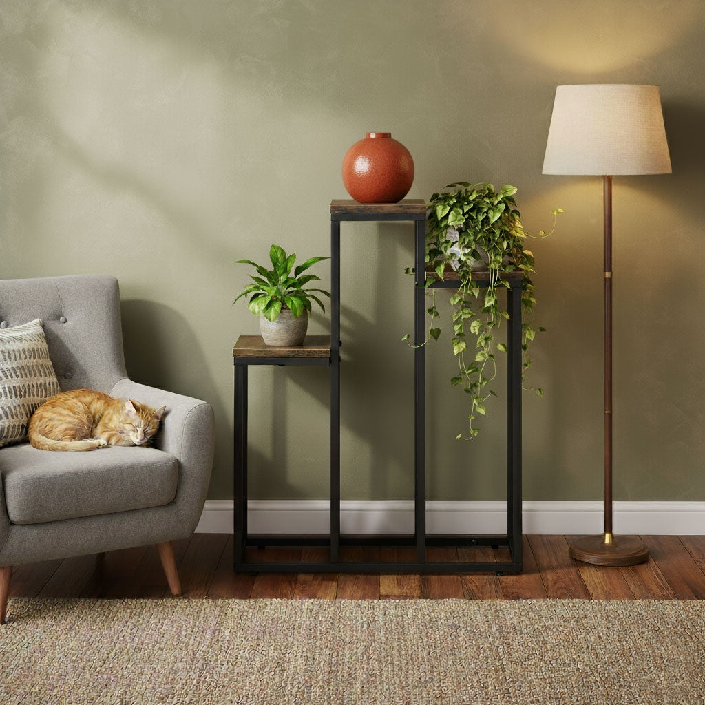 Loft-Style Plant Stand, 3 Shelves, Steel & Chipboard