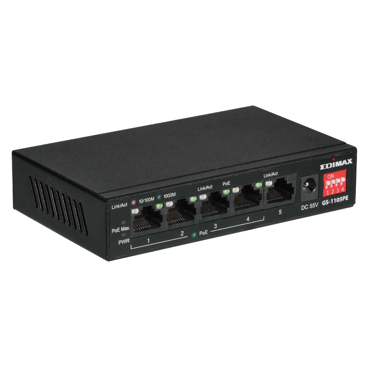 Long Range 5-Port Gigabit PoE+ Switch with 4 PoE+ Ports and DIP Switch