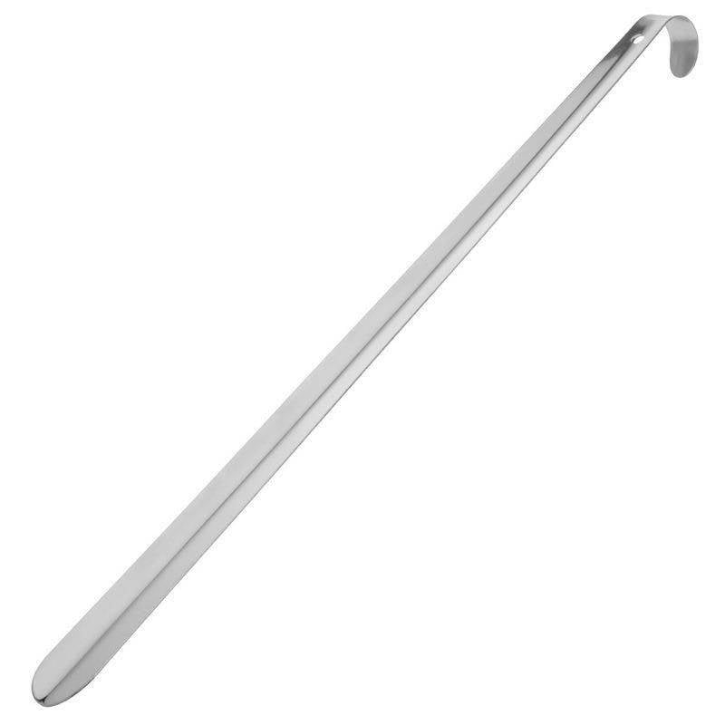 Long and robust shoe horn with hook for easy hanging