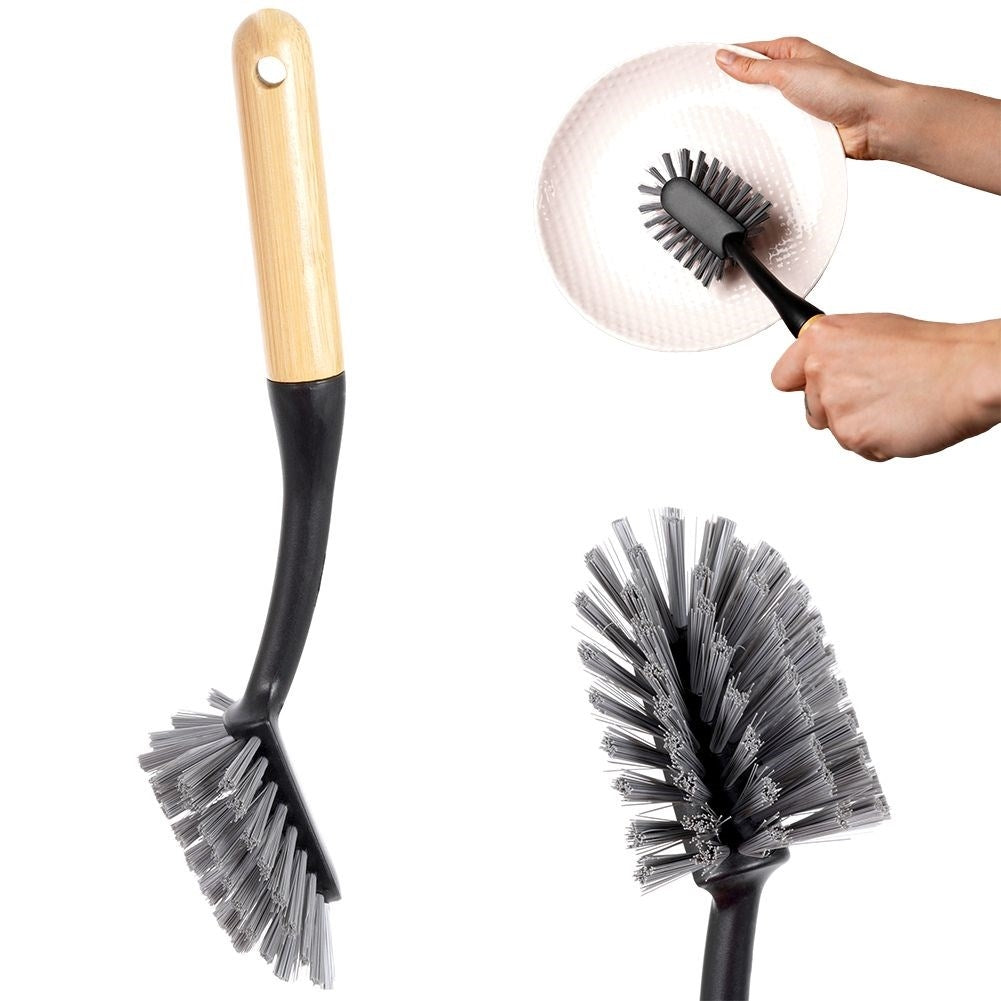 Long dish brush in durable plastic and bamboo, trendy colors