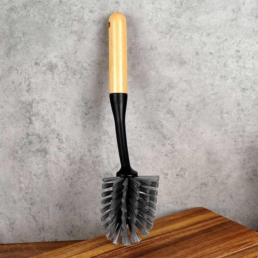 Long dish brush in durable plastic and bamboo, trendy colors