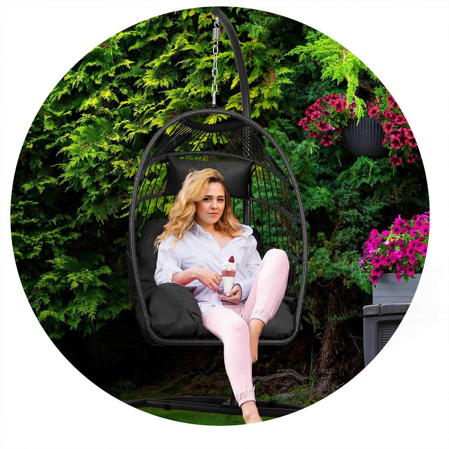 Luisiana black hanging garden chair + black Sofotel cushions