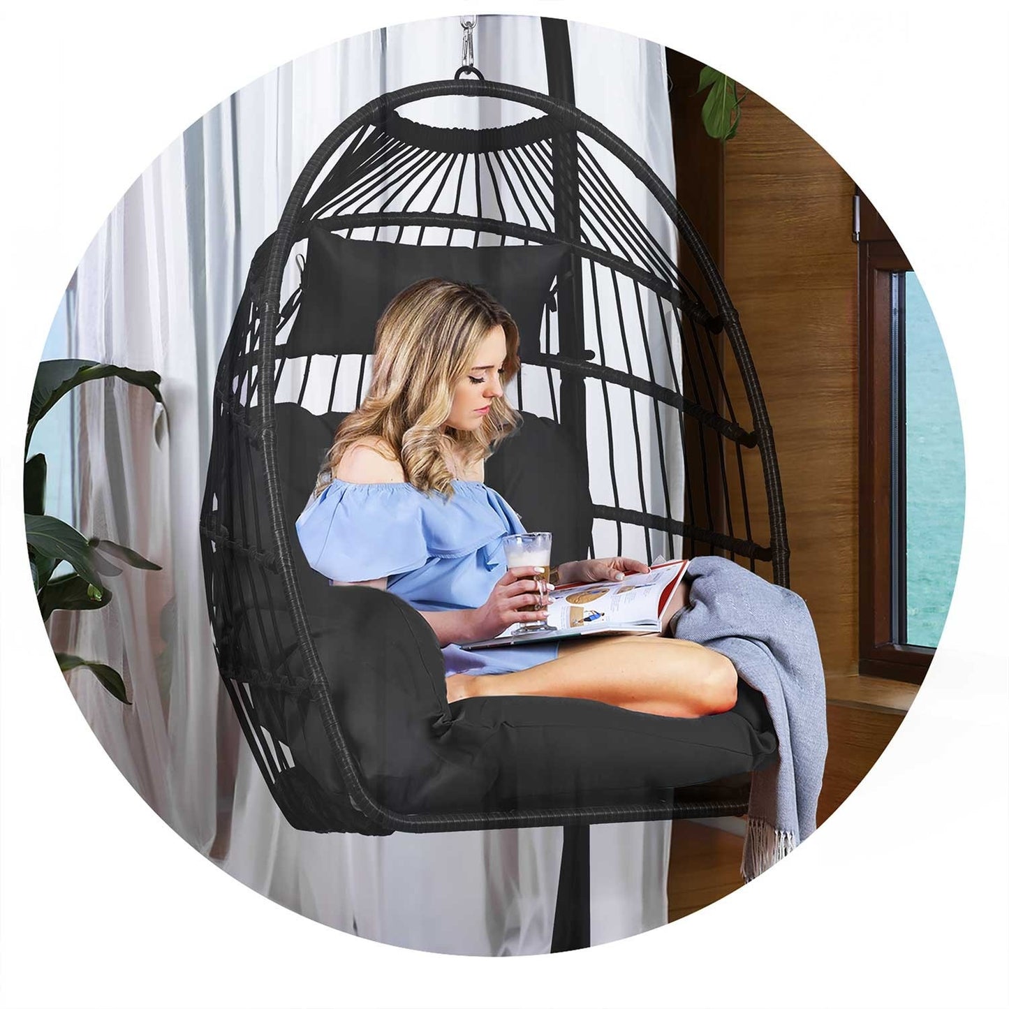 Luisiana black hanging garden chair + black Sofotel cushions