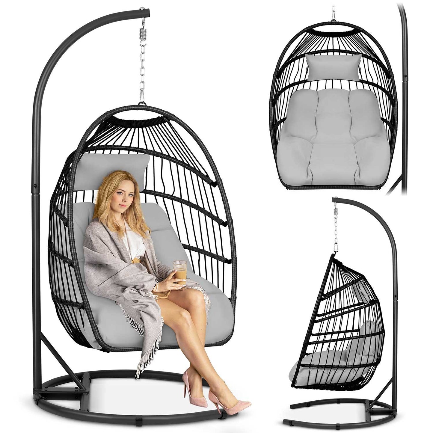 Luisiana hanging garden chair black + grey cushions Sofotel