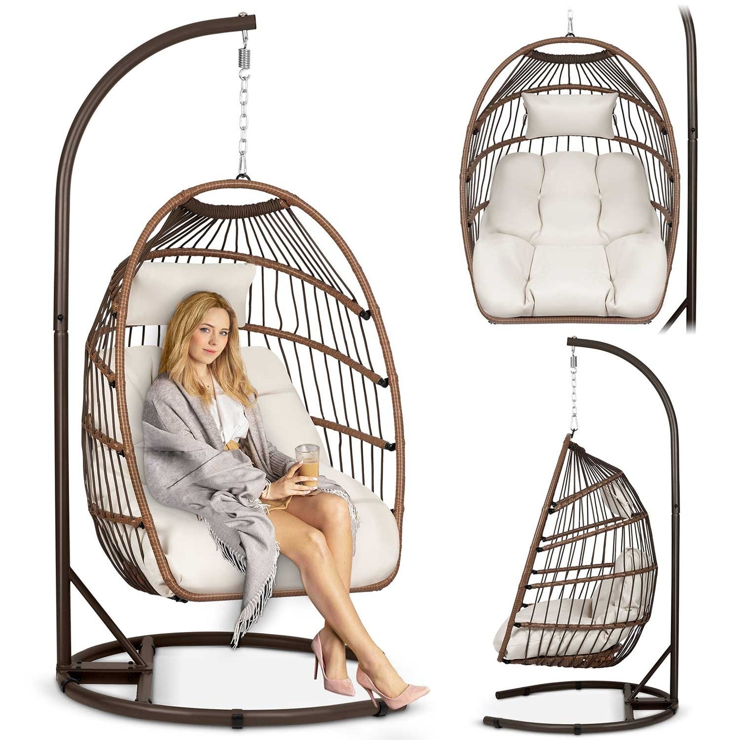 Luisiana hanging garden chair brown + beige cushions Sofotel